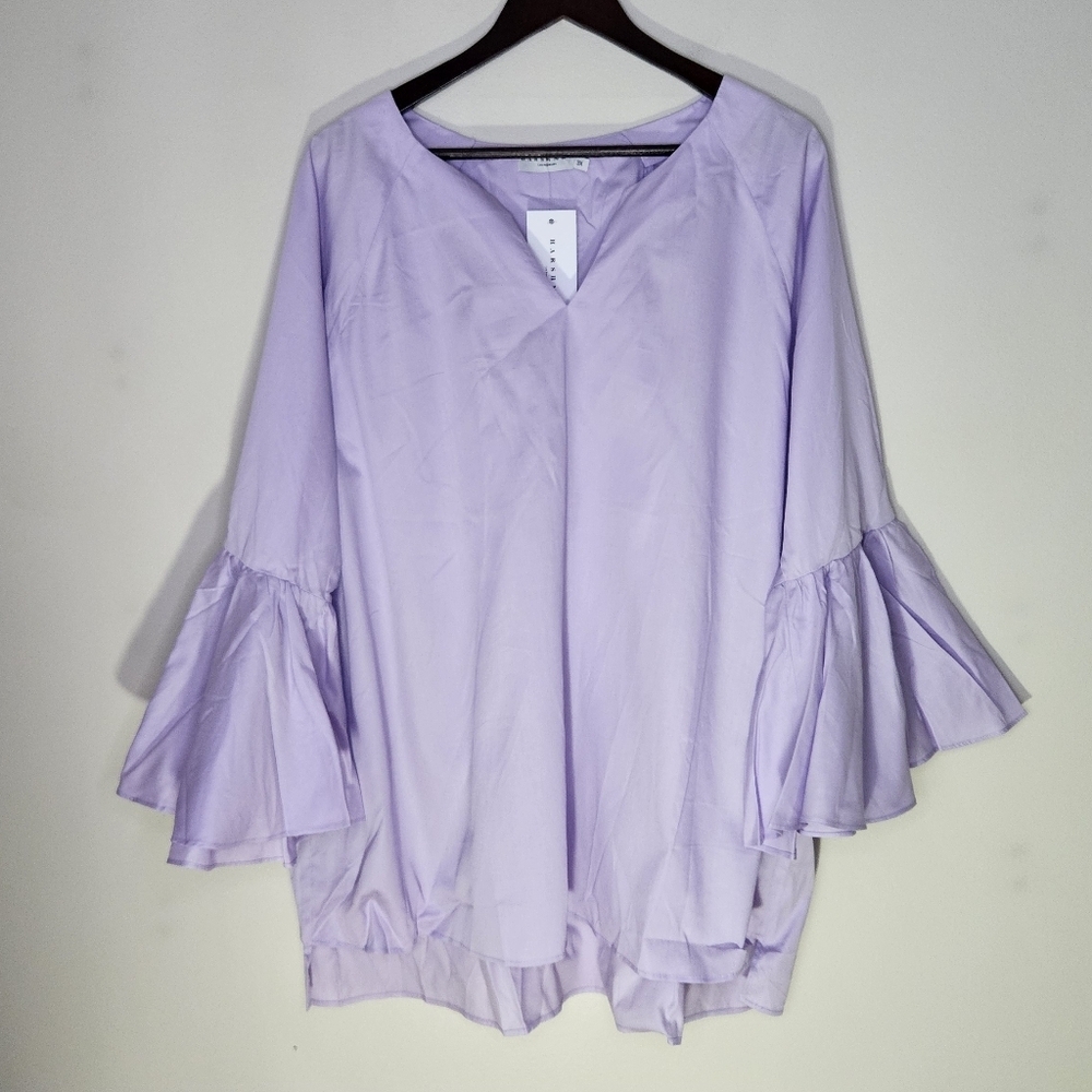 Harshman Blouse Zenaida Lilac Purple Flared Bell Sleeve Plus Size V-Neck Casual - Picture 2 of 10